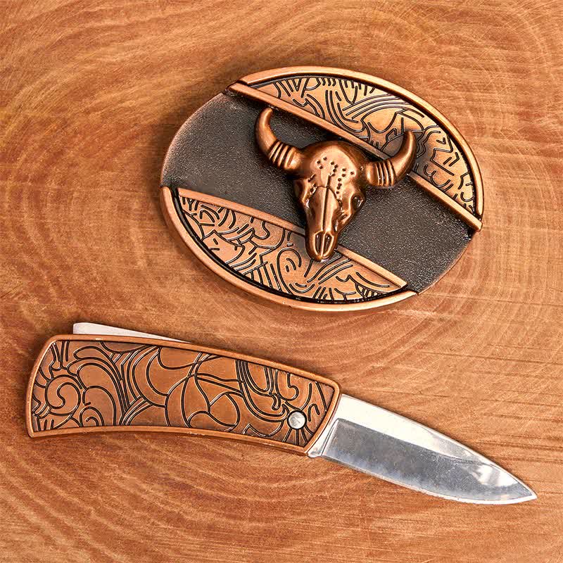 Cintura in pelle con coltello pieghevole nascosto Longhorn Bull in bronzo rosso fai da te da uomo - image 1