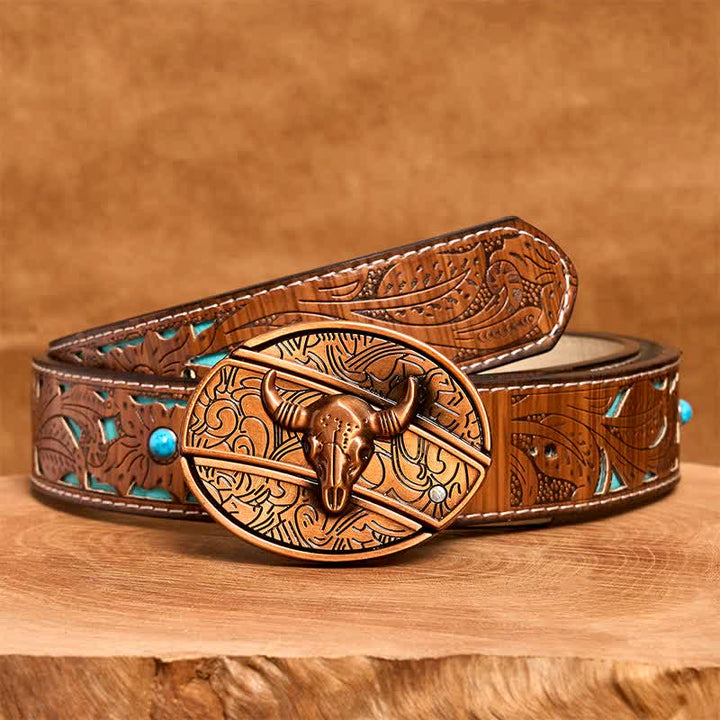 Cintura in pelle con coltello pieghevole nascosto Longhorn Bull in bronzo rosso fai da te da uomo - Toro dalle lunghe corna - Cintura intagliata turchese - 42 - image 5