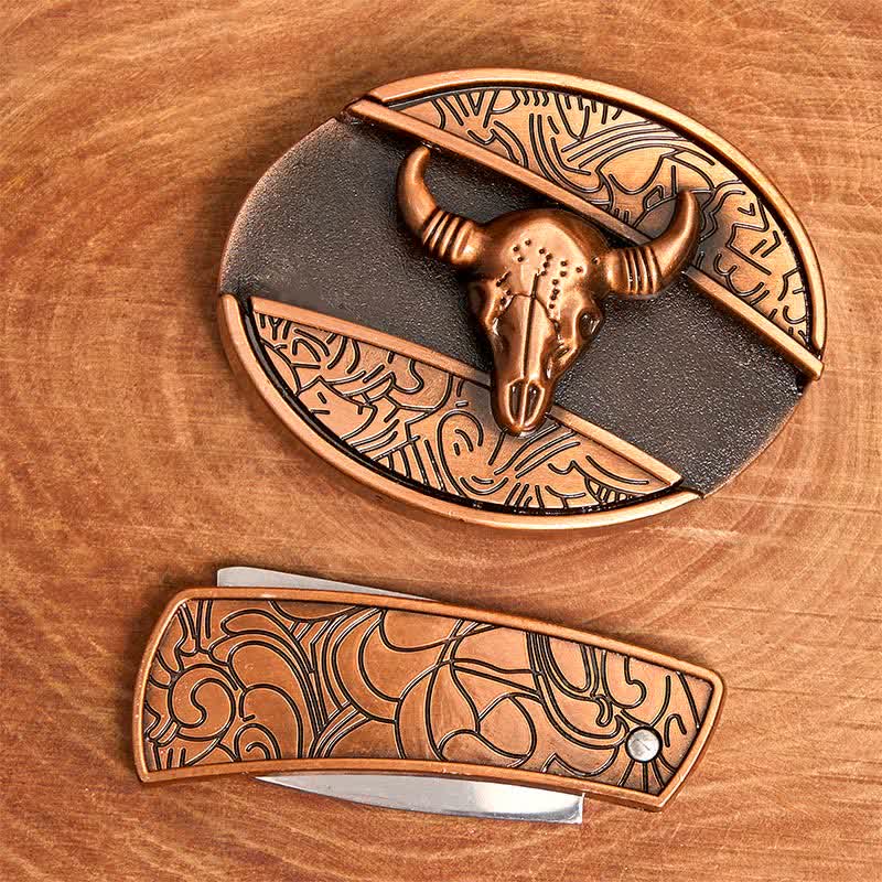 Cintura in pelle con coltello pieghevole nascosto Longhorn Bull in bronzo rosso fai da te da uomo - image 3