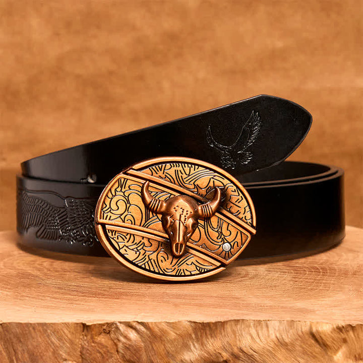 Cintura in pelle con coltello pieghevole nascosto Longhorn Bull in bronzo rosso fai da te da uomo - Toro dalle lunghe corna - Cintura con aquila in rilievo nera - 42 - image 6