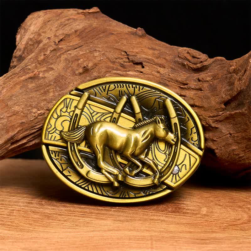 Cintura in pelle con coltello pieghevole nascosto a forma di cavallo al galoppo in bronzo fai da te da uomo - Cavallo al galoppo - Senza cintura - Cintura non inclusa - image 0