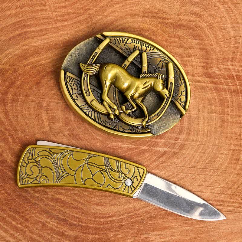 Cintura in pelle con coltello pieghevole nascosto a forma di cavallo al galoppo in bronzo fai da te da uomo - image 1
