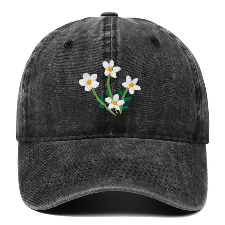 Cappellino da baseball regolabile con ricamo floreale di fiori bianchi - Nero - Regolabile (circa 21 5/8"-22 7/8") - image 1