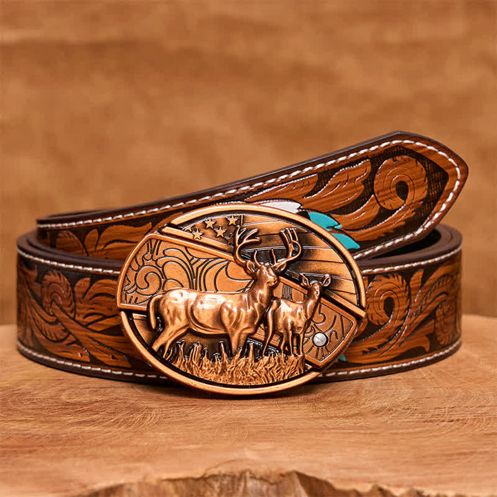 Cintura in pelle con coltello pieghevole nascosto Dual Deers in bronzo rosso fai da te da uomo - Cervi doppi - Cintura di piume marroni - 40 - image 9