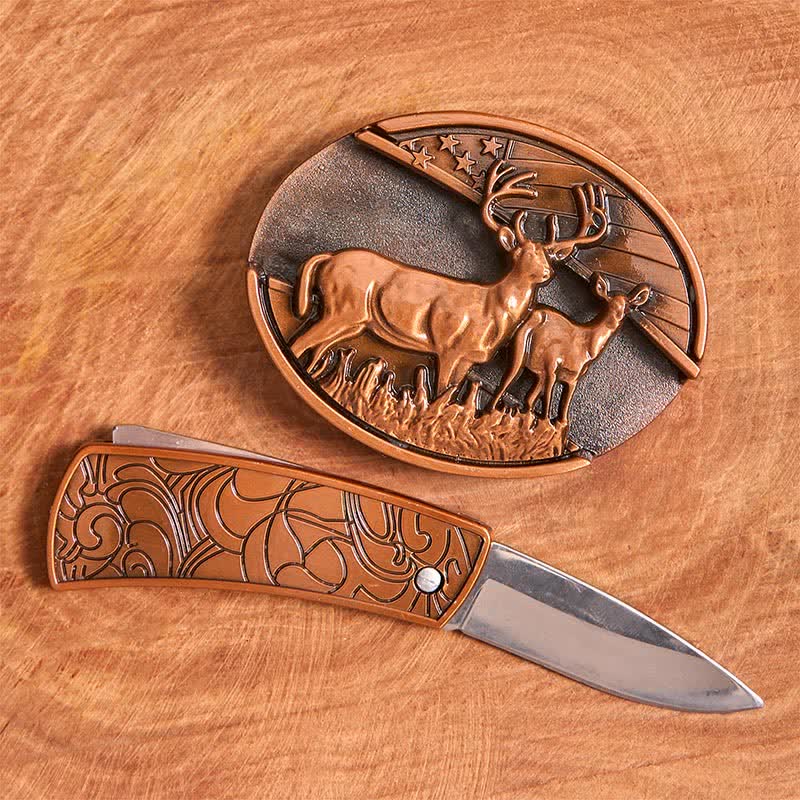 Cintura in pelle con coltello pieghevole nascosto Dual Deers in bronzo rosso fai da te da uomo - image 1
