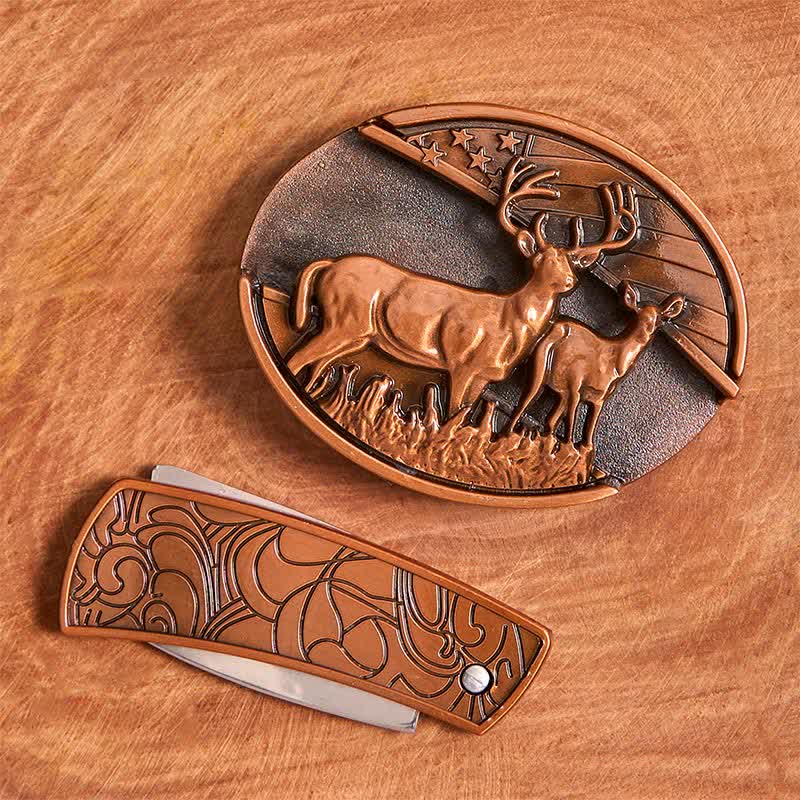 Cintura in pelle con coltello pieghevole nascosto Dual Deers in bronzo rosso fai da te da uomo - image 3