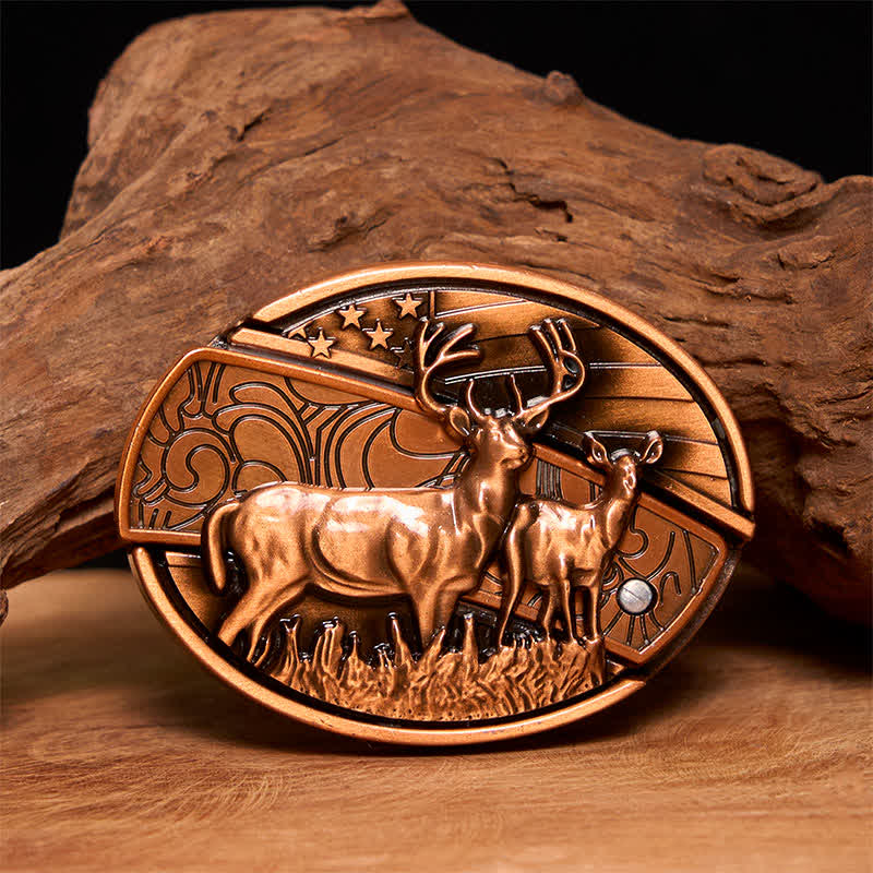 Cintura in pelle con coltello pieghevole nascosto Dual Deers in bronzo rosso fai da te da uomo - Cervi doppi - Senza cintura - Cintura non inclusa - image 0