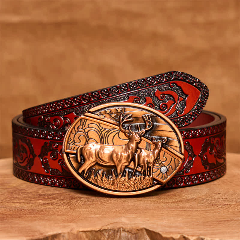 Cintura in pelle con coltello pieghevole nascosto Dual Deers in bronzo rosso fai da te da uomo - Cervi doppi - Cintura marrone intagliata - 42 - image 7