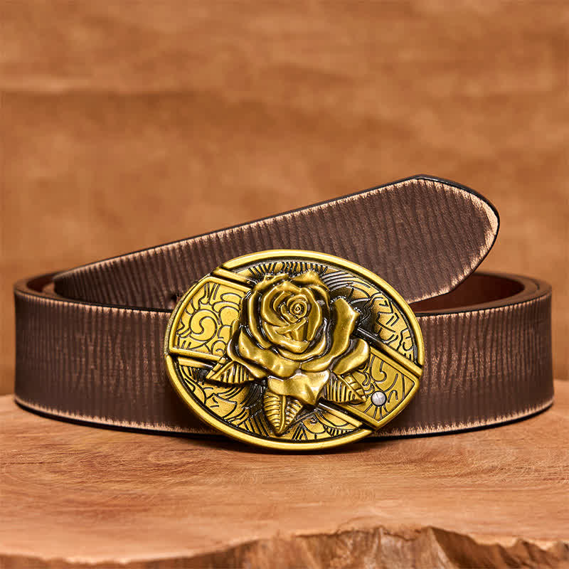 Cintura in pelle con coltello pieghevole nascosto in bronzo rosa fai da te da uomo - Rosa - Cintura marrone anticata - 42 - image 8