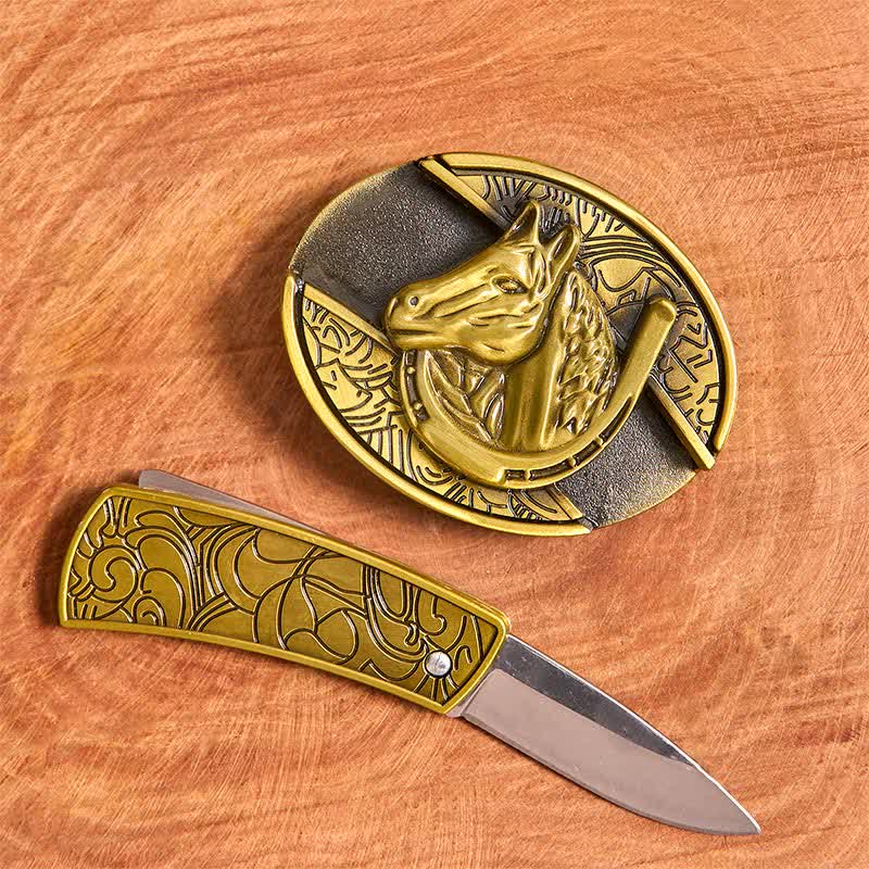 Cintura in pelle con coltello pieghevole nascosto a forma di testa di cavallo in bronzo fai da te da uomo - image 1