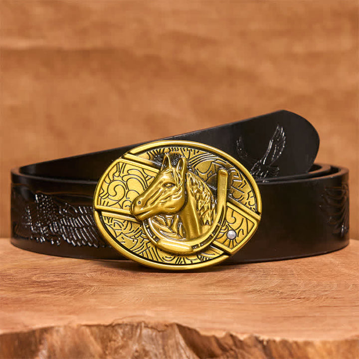 Cintura in pelle con coltello pieghevole nascosto a forma di testa di cavallo in bronzo fai da te da uomo - Serpente - Cintura con aquila in rilievo nera - 42 - image 6