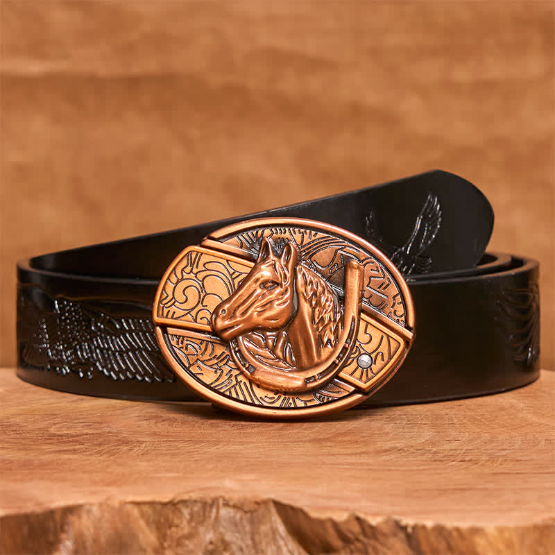 Cintura in pelle con coltello pieghevole nascosto a forma di testa di cavallo in bronzo rosso fai da te da uomo - Serpente - Cintura con aquila in rilievo nera - 42 - image 6