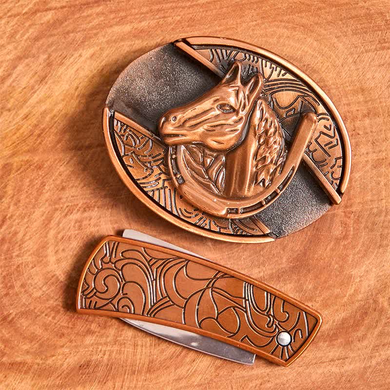 Cintura in pelle con coltello pieghevole nascosto a forma di testa di cavallo in bronzo rosso fai da te da uomo - image 3