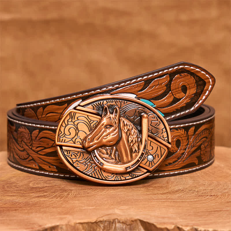 Cintura in pelle con coltello pieghevole nascosto a forma di testa di cavallo in bronzo rosso fai da te da uomo - Serpente - Cintura di piume marroni - 40 - image 9