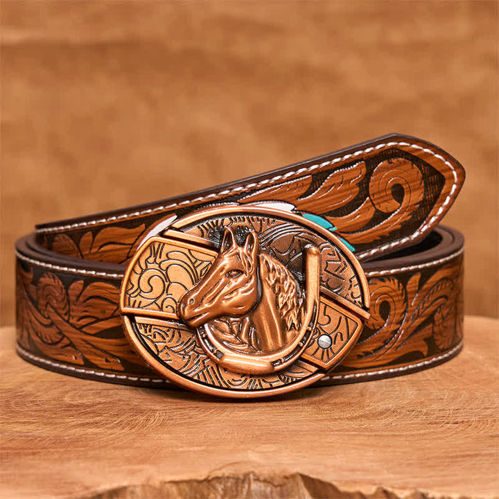 Cintura in pelle con coltello pieghevole nascosto a forma di testa di cavallo in bronzo rosso fai da te da uomo - Serpente - Cintura di piume marroni - 40 - image 9