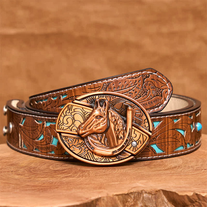 Cintura in pelle con coltello pieghevole nascosto a forma di testa di cavallo in bronzo rosso fai da te da uomo - Serpente - Cintura intagliata turchese - 42 - image 5