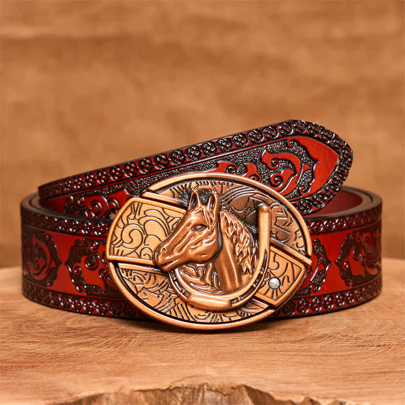 Cintura in pelle con coltello pieghevole nascosto a forma di testa di cavallo in bronzo rosso fai da te da uomo - Serpente - Cintura marrone intagliata - 42 - image 7