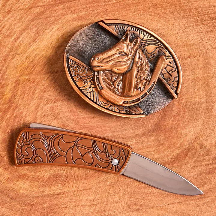 Cintura in pelle con coltello pieghevole nascosto a forma di testa di cavallo in bronzo rosso fai da te da uomo - image 1