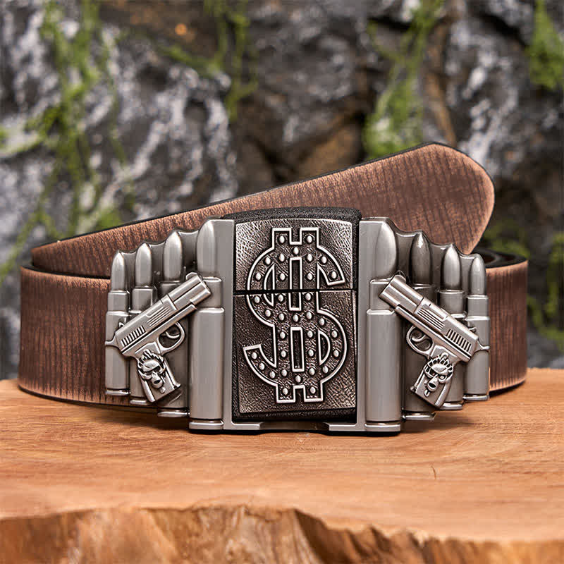 Cintura in pelle fai da te da uomo con doppie pistole e proiettili in argento e accendino nascosto - Doppie pistole e proiettili - Cintura marrone anticata - 42 - image 8