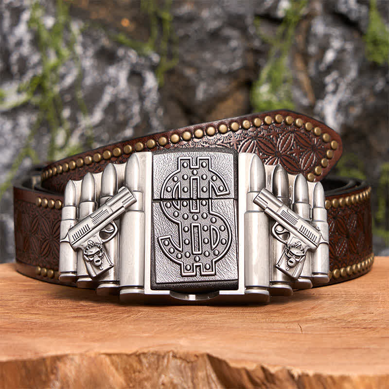 Cintura in pelle fai da te da uomo con doppie pistole e proiettili in argento e accendino nascosto - Doppie pistole e proiettili - Cintura con rivetti marroni - 42 - image 7