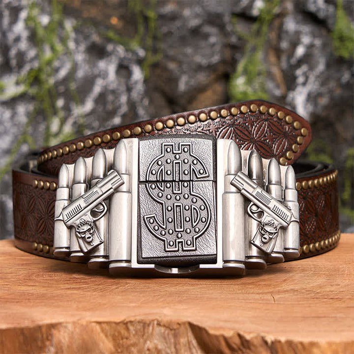 Cintura in pelle fai da te da uomo con doppie pistole e proiettili in argento e accendino nascosto - Doppie pistole e proiettili - Cintura con rivetti marroni - 42 - image 7