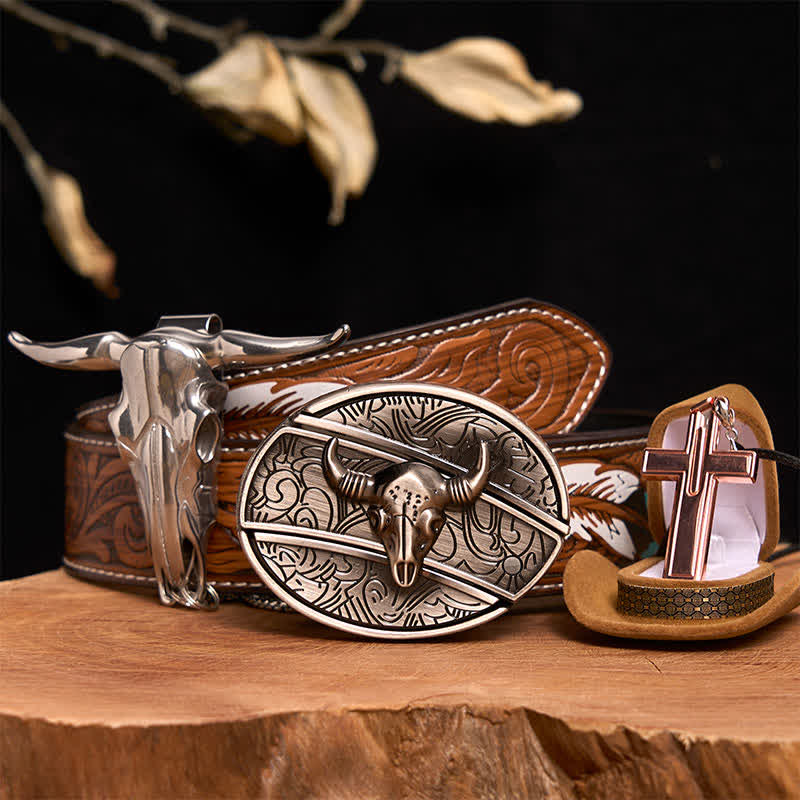 Set di collana con croce e fibbia per cintura con coltello nascosto fai da te in argento antico - Testa di toro d'argento - Cintura di piume marroni - 40 - image 0