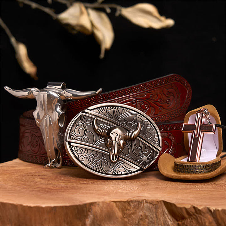 Set di collana con croce e fibbia per cintura con coltello nascosto fai da te in argento antico - Testa di toro d'argento - Cintura marrone intagliata - 42 - image 7
