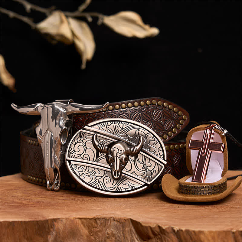 Set di collana con croce e fibbia per cintura con coltello nascosto fai da te in argento antico - Testa di toro d'argento - Cintura con rivetti marroni - 42 - image 5