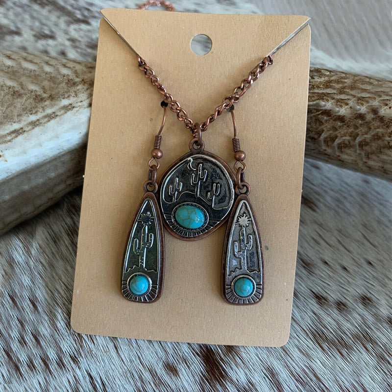 Collana con orecchini vintage a forma di cactus rotondo con goccia d'acqua e turchese - image 1