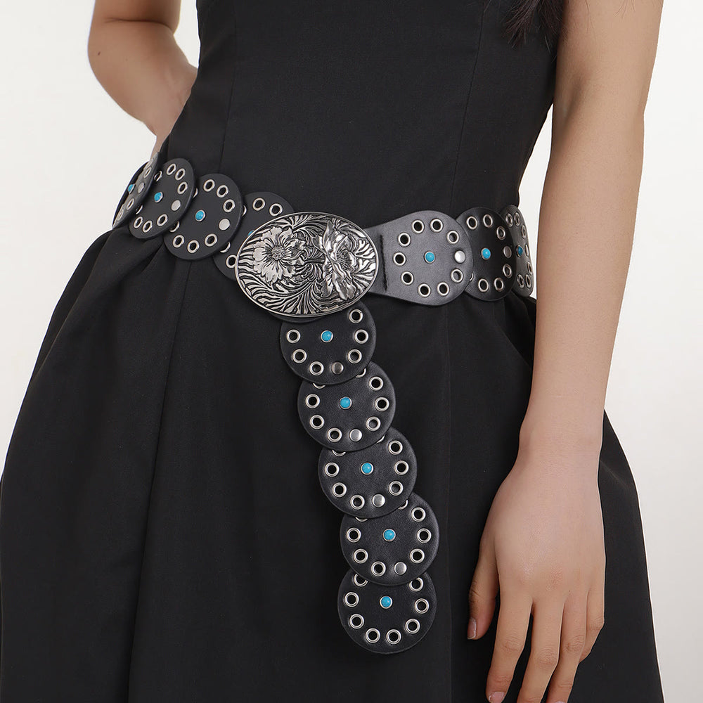 Cintura da donna in pelle con intarsi di diamanti blu scavati rotondi - image 1
