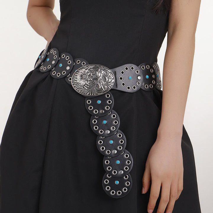 Cintura da donna in pelle con intarsi di diamanti blu scavati rotondi - image 1