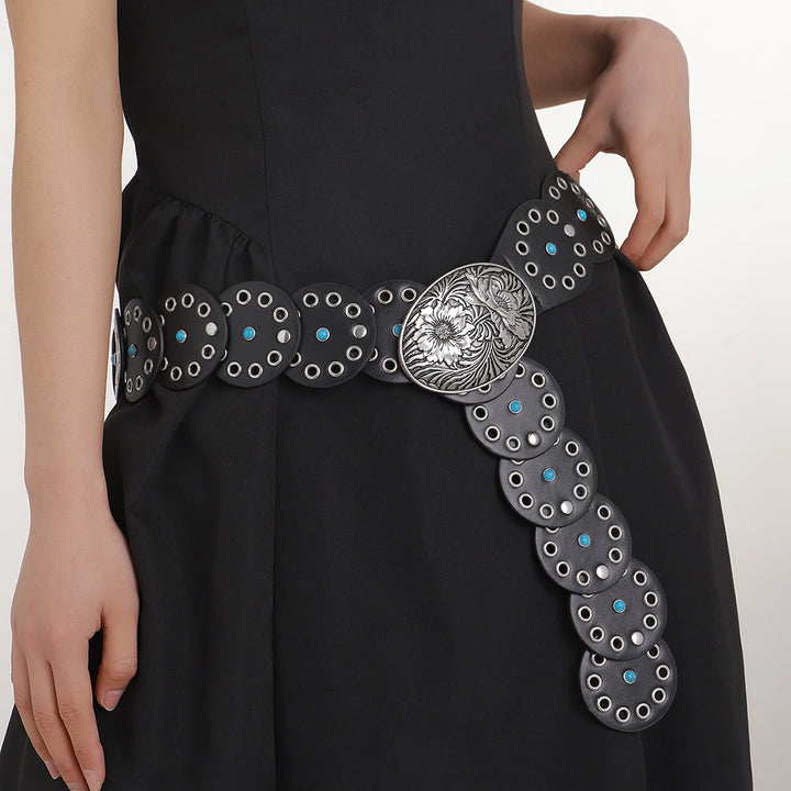Cintura da donna in pelle con intarsi di diamanti blu scavati rotondi - Nero - image 0