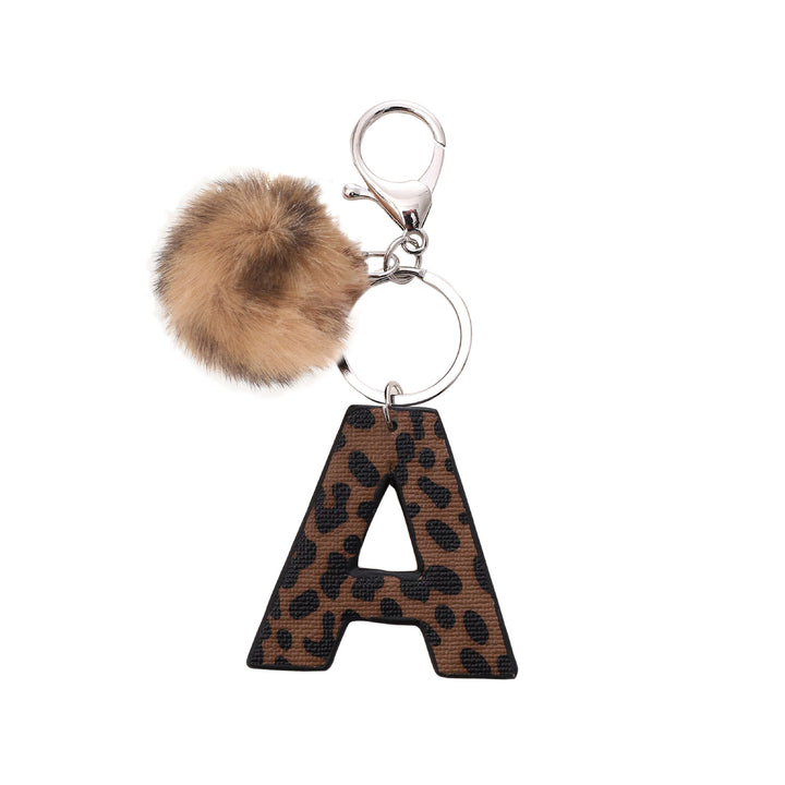 Portachiavi in pelle con lettera stampata leopardata in stile western e palla di peluche - A - image 2