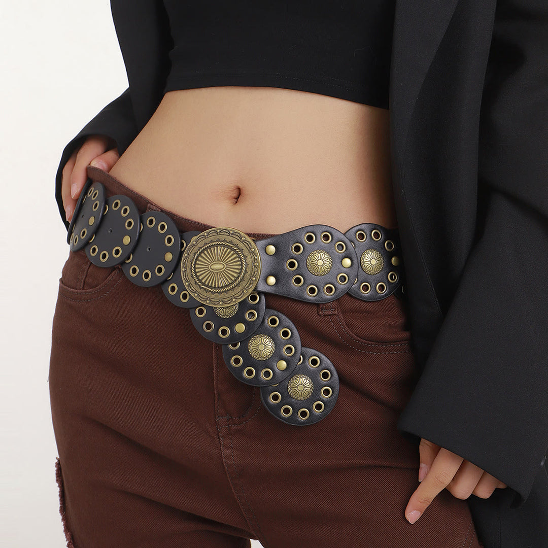 Cintura da donna in pelle nera con cuciture rotonde personalizzate in stile western retrò - Nero - image 0