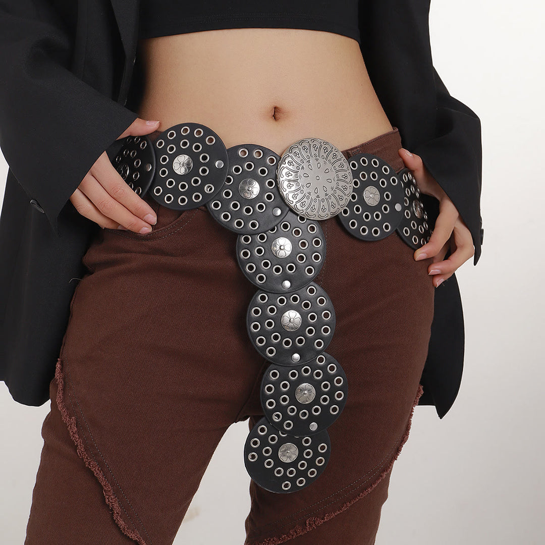 Cintura da donna in pelle con disco in argento cavo in stile western - Nero - image 0