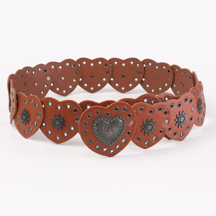 Cintura da donna in pelle con motivo a cuore di pesca in stile western color caramello - image 2