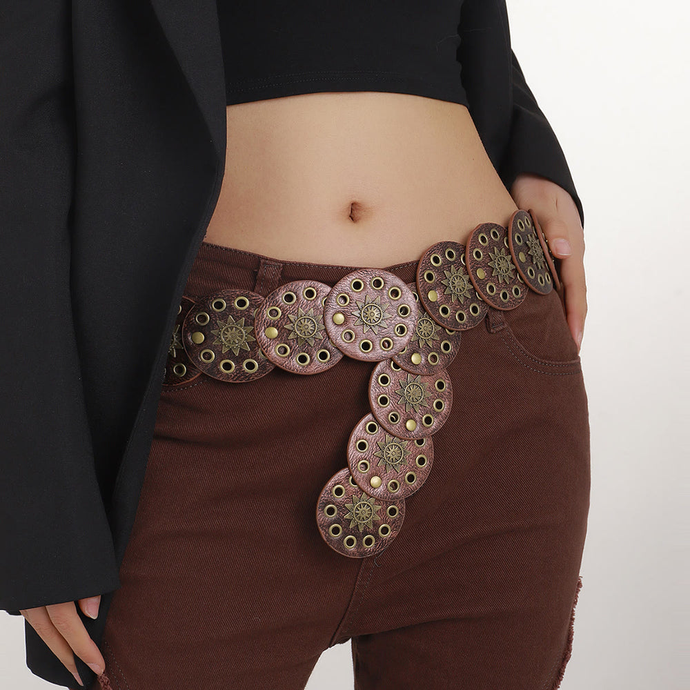Cintura da donna in pelle circolare con motivo retrò color caffè - image 1