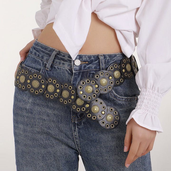 Cintura da donna in pelle nera circolare retrò cava - image 1