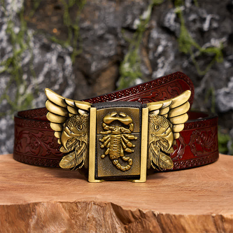 Cintura da uomo fai da te in bronzo con aquila e scoiattolo, in pelle, con accendino nascosto - Scopione e Aquila - Cintura marrone intagliata - 42 - image 9