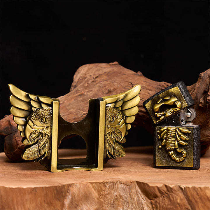 Cintura da uomo fai da te in bronzo con aquila e scoiattolo, in pelle, con accendino nascosto - image 1