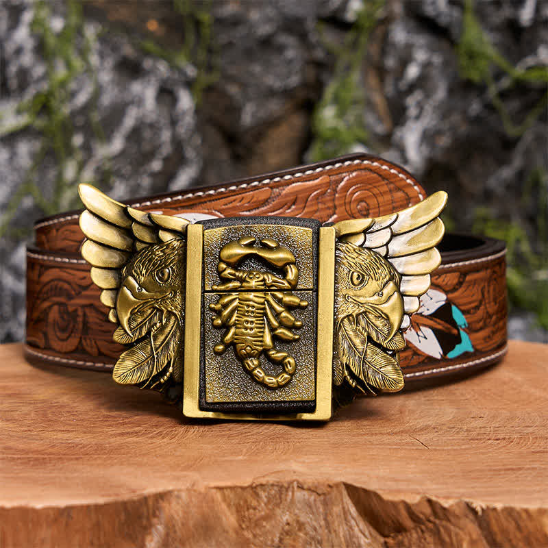 Cintura da uomo fai da te in bronzo con aquila e scoiattolo, in pelle, con accendino nascosto - Scopione e Aquila - Cintura di piume marroni - 40 - image 10