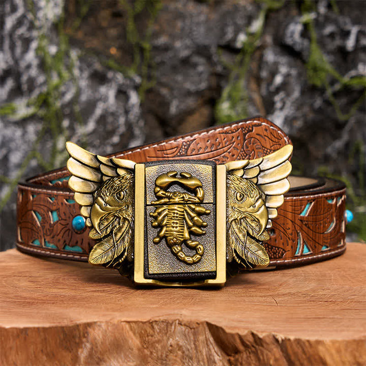 Cintura da uomo fai da te in bronzo con aquila e scoiattolo, in pelle, con accendino nascosto - Scopione e Aquila - Cintura intagliata turchese - 42 - image 6