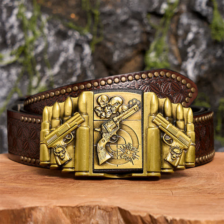 Cintura in pelle da uomo fai da te con motivo a pistola e teschio in bronzo e accendino nascosto - Pistola e teschio - Cintura con rivetti marroni - 42 - image 7