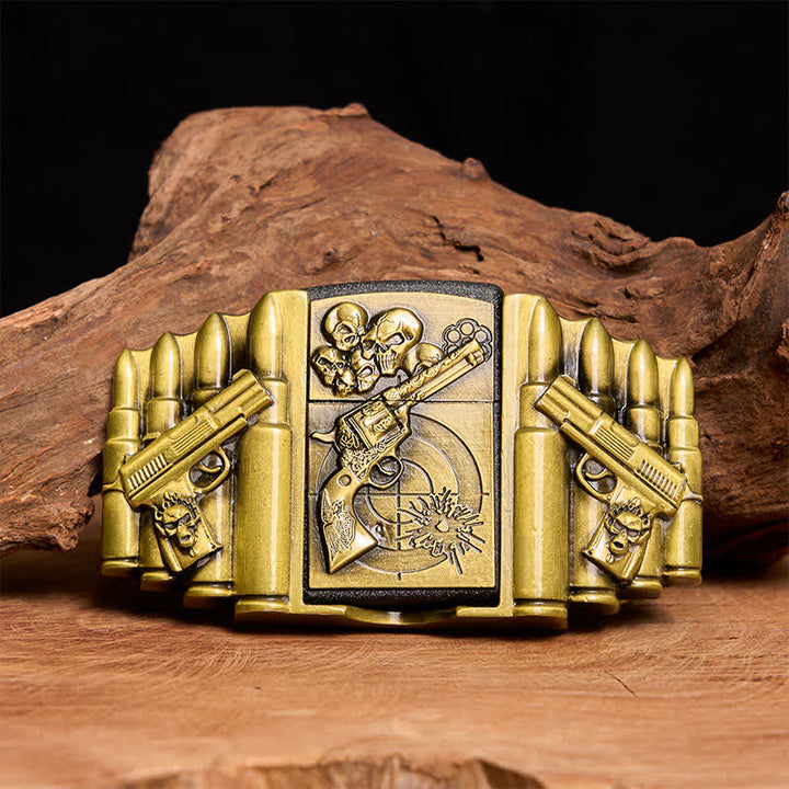 Cintura in pelle da uomo fai da te con motivo a pistola e teschio in bronzo e accendino nascosto - Pistola e teschio - Senza cintura - Cintura non inclusa - image 0