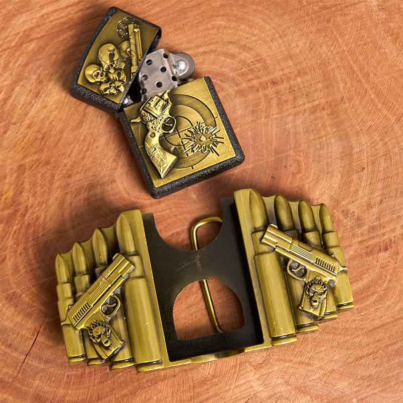 Cintura in pelle da uomo fai da te con motivo a pistola e teschio in bronzo e accendino nascosto - image 5