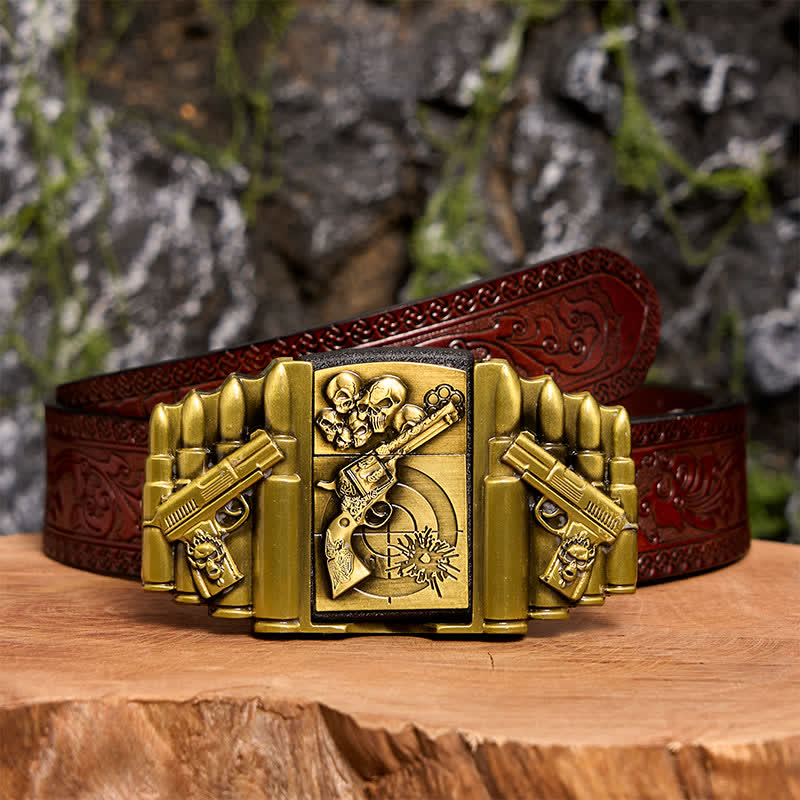 Cintura in pelle da uomo fai da te con motivo a pistola e teschio in bronzo e accendino nascosto - Pistola e teschio - Cintura marrone intagliata - 42 - image 9