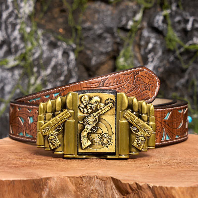 Cintura in pelle da uomo fai da te con motivo a pistola e teschio in bronzo e accendino nascosto - Pistola e teschio - Cintura intagliata turchese - 42 - image 6