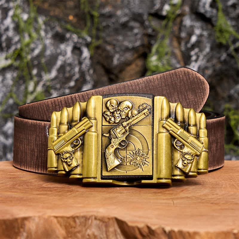 Cintura in pelle da uomo fai da te con motivo a pistola e teschio in bronzo e accendino nascosto - Pistola e teschio - Cintura marrone anticata - 42 - image 8
