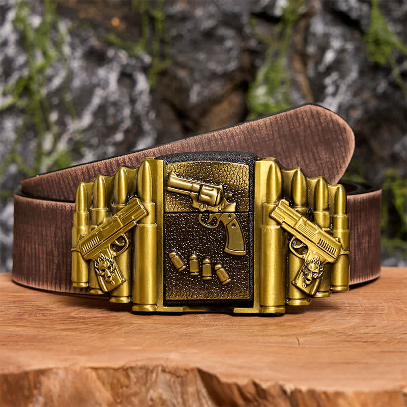 Cintura in pelle da uomo fai da te con motivo a pistola caricata in bronzo e accendino nascosto -  Pistola - Cintura marrone anticata - 42 - image 8