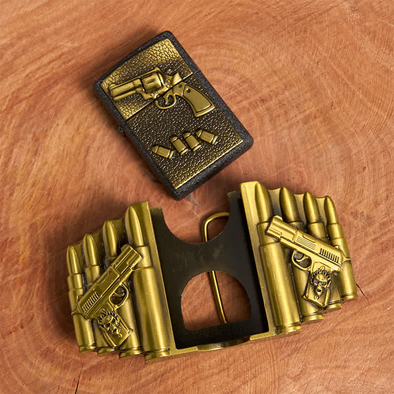 Cintura in pelle da uomo fai da te con motivo a pistola caricata in bronzo e accendino nascosto - image 4